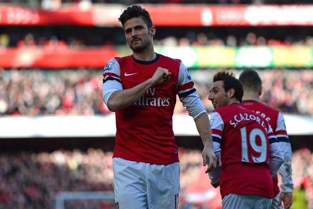 LONDON, ENGLAND - FEBRUARY 22:  Olivier Giroud of Arsenal celebrates after scoring a goal during the Barclays Premier League match between Arsenal and Sunderland at Emirates Stadium on February 22, 2014 in London, England.  (Photo by Jamie McDonald/Getty Images)