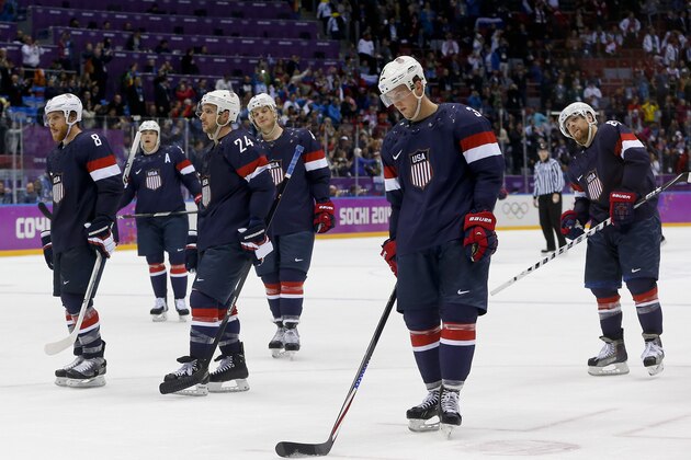 Team USA skates off the ice after losing 5-0 to Finland in the men's bronze medal ice hockey game at the 2014 Winter Olympics, Saturday, Feb. 22, 2014, in Sochi, Russia. (AP Photo/Petr David Josek)