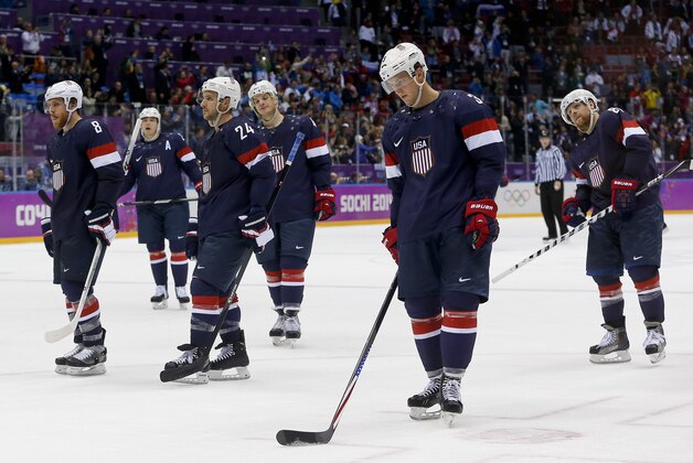 Team USA skates off the ice after losing 5-0 to Finland in the men's bronze medal ice hockey game at the 2014 Winter Olympics, Saturday, Feb. 22, 2014, in Sochi, Russia. (AP Photo/Petr David Josek)