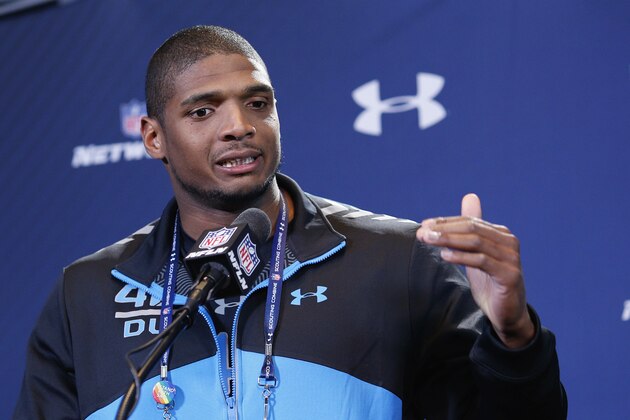 INDIANAPOLIS, IN - FEBRUARY 22: Former Missouri defensive lineman Michael Sam speaks to the media during the 2014 NFL Combine at Lucas Oil Stadium on February 22, 2014 in Indianapolis, Indiana. (Photo by Joe Robbins/Getty Images)