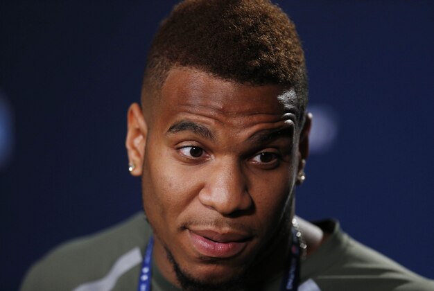 Feb 20, 2014; Indianapolis, IN, USA; North Carolina Tar Heels tight end Eric Ebron speaks at a press conference during the 2014 NFL Combine at Lucas Oil Stadium. Mandatory Credit: Brian Spurlock-USA TODAY Sports