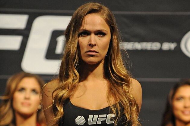 Feb 21, 2014; Las Vegas, NV, USA; UFC Women's Bantamweight Champion Ronda Rousey participates in the UFC 170 weigh-in at Mandalay Bay Events Center. Mandatory Credit: Stephen R. Sylvanie-USA TODAY Sports