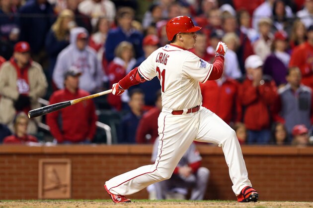 ST LOUIS, MO - OCTOBER 26:  Allen Craig #21 of the St. Louis Cardinals hits a double in the ninth inning against the Boston Red Sox during Game Three of the 2013 World Series at Busch Stadium on October 26, 2013 in St Louis, Missouri.  (Photo by Ronald Martinez/Getty Images)