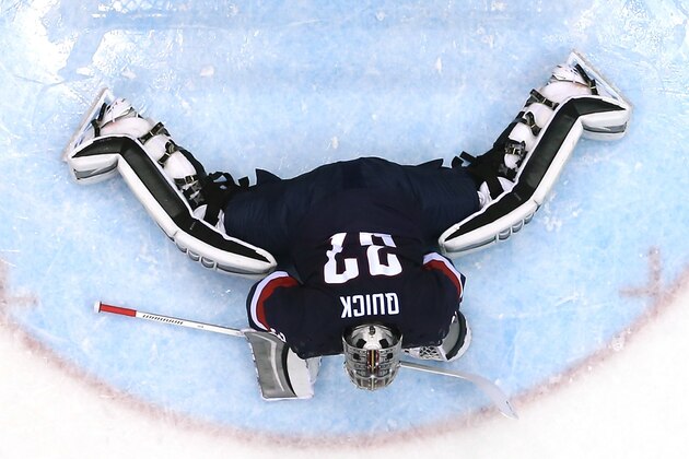 SOCHI, RUSSIA - FEBRUARY 22: Jonathan Quick #32 of the United States stretches on the ice against Finland during the Men's Ice Hockey Bronze Medal Game on Day 15 of the 2014 Sochi Winter Olympics at Bolshoy Ice Dome on February 22, 2014 in Sochi, Russia.  (Photo by Martin Rose/Getty Images)