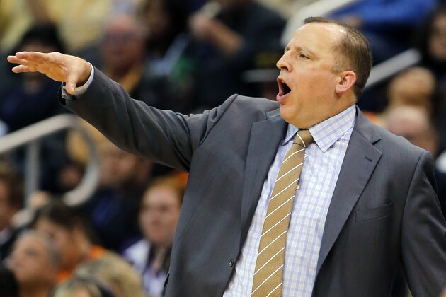 Chicago Bulls head coach Tom Thibodeau yells to his team during the first half of an NBA basketball game against the Phoenix Suns, Tuesday, Feb. 4, 2014, in Phoenix. (AP Photo/Matt York)