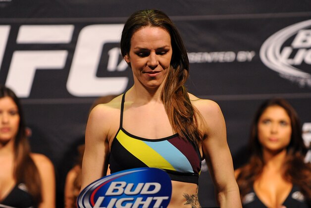 Feb 21, 2014; Las Vegas, NV, USA; UFC Bantamweight Alexis Davis participates in the UFC 170 weigh-in at Mandalay Bay Events Center. Mandatory Credit: Stephen R. Sylvanie-USA TODAY Sports