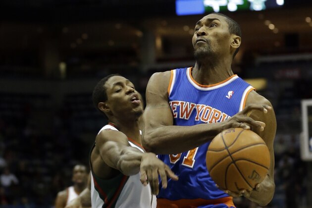 New York Knicks' Metta World Peace during the first half of an NBA basketball game against the Milwaukee Bucks Wednesday, Dec. 18, 2013, in Milwaukee. (AP Photo/Morry Gash)