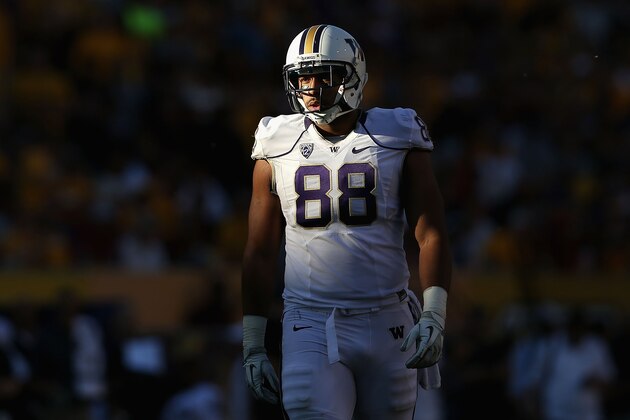 TEMPE, AZ - OCTOBER 19:  Tight end Austin Seferian-Jenkins #88 of the Washington Huskies walks on the field during the college football game against the Arizona State Sun Devils at Sun Devil Stadium on October 19, 2013 in Tempe, Arizona. The Sun Devils defeated the Huskies 53-24.  (Photo by Christian Petersen/Getty Images)