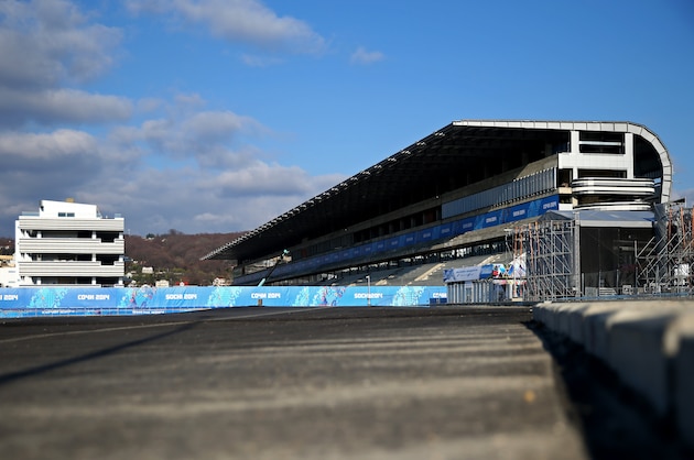 SOCHI, RUSSIA - FEBRUARY 02:  Construction work continues on the Formula One pitlane and main straight at the Sochi International Street Circuit ahead of the Sochi 2014 Winter Olympics on February 2, 2014 in Sochi, Russia.  (Photo by Paul Gilham/Getty Images)