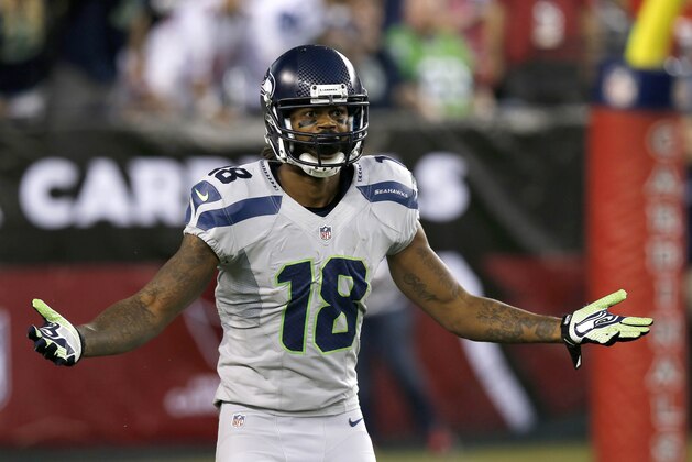 Seattle Seahawks wide receiver Sidney Rice looks for the call against the Arizona Cardinals during the first half of an NFL football game, Thursday, Oct. 17, 2013, in Glendale, Ariz. (AP Photo/Ross D. Franklin)