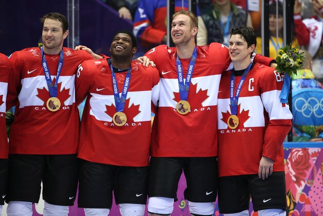 SOCHI, RUSSIA - FEBRUARY 23:  (L-R) Rick Nash #61, P.K. Subban #76, Jeff Carter #77  and Sidney Crosby #87 of Canada pose with the gold medlas won during the Men's Ice Hockey Gold Medal match on Day 16 of the 2014 Sochi Winter Olympics at Bolshoy Ice Dome on February 23, 2014 in Sochi, Russia.  (Photo by Bruce Bennett/Getty Images)