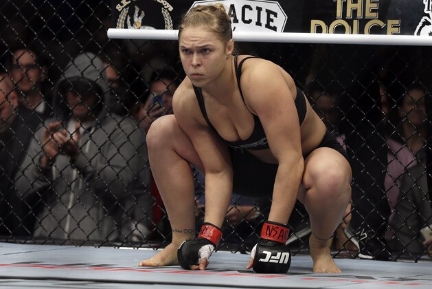 Ronda Rousey prepares for a UFC 170 mixed martial arts women's bantamweight title fight against Sara McMann on Saturday, Feb. 22, 2014, in Las Vegas. (AP Photo/Isaac Brekken)