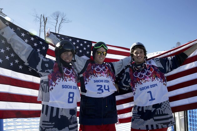 Men's ski slopestyle medalists from the United States Gus Kenworthy, left, silver, Joss Christensen, center, gold, and Nicholas Goepper, bronze, right, pose for photographers at the Rosa Khutor Extreme Park, at the 2014 Winter Olympics, Thursday, Feb. 13, 2014, in Krasnaya Polyana, Russia.(AP Photo/Gero Breloer)