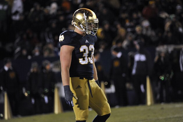 Notre Dame running back Cam McDaniel lines up in a NCAA college football game with BYU Saturday Nov. 23, 2013 in South Bend, Ind. (AP Photo/Joe Raymond)