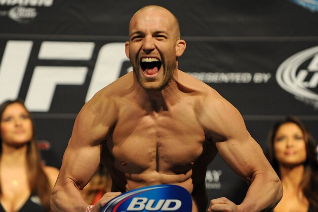 Feb 21, 2014; Las Vegas, NV, USA; UFC Light Heavyweight Patrick Cummins participates in the UFC 170 weigh-in at Mandalay Bay Events Center. Mandatory Credit: Stephen R. Sylvanie-USA TODAY Sports