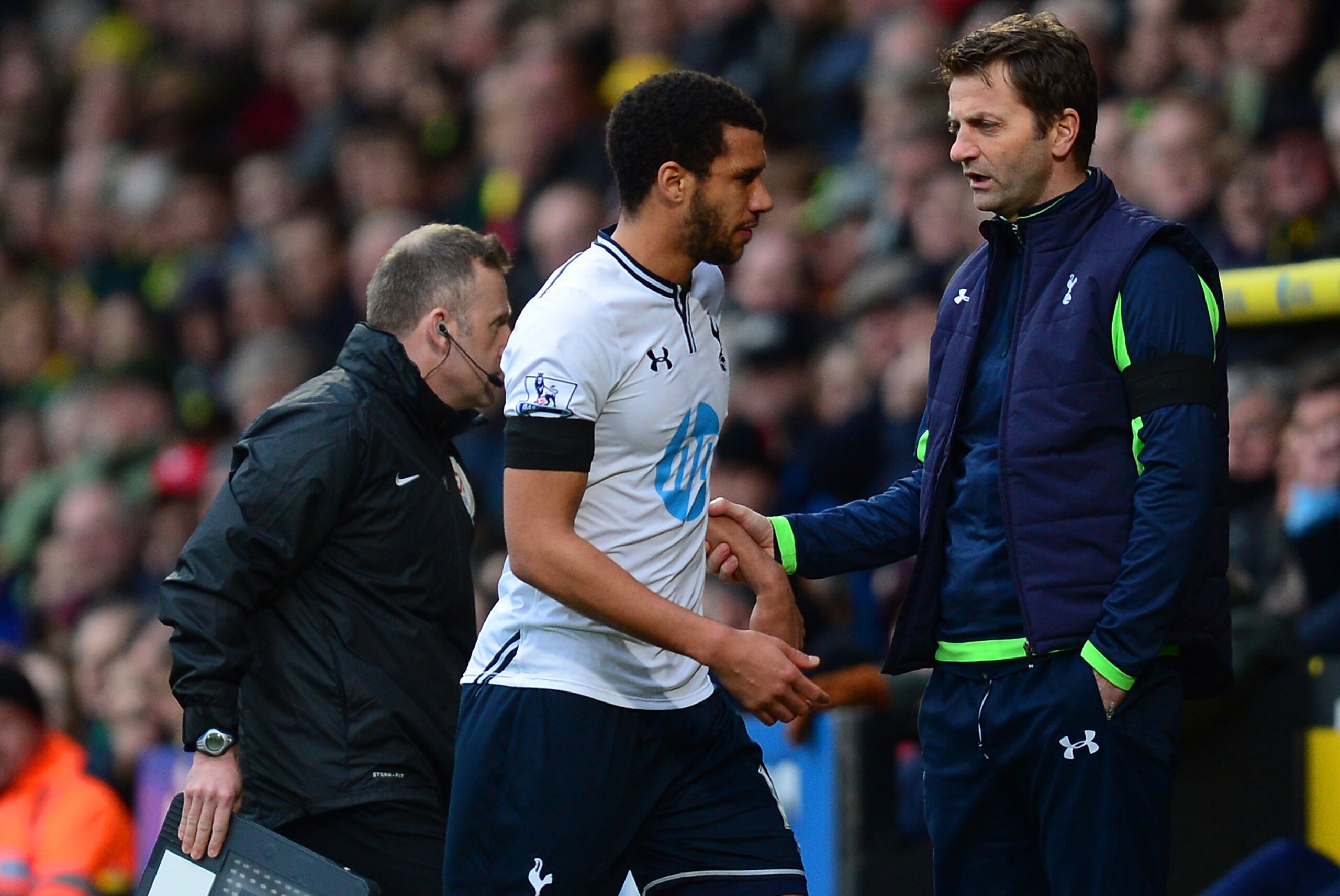 NORWICH, ENGLAND - FEBRUARY 23: Etienne Capoue of Tottenham Hotspur speaks to Manager Tim Sherwood of Tottenham Hotspur as he replaced during the Barclays Premier League match between Norwich City and Tottenham Hotspur at Carrow Road on February 23, 2014 in Norwich, England. (Photo by Jamie McDonald/Getty Images) NORWICH, ENGLAND - FEBRUARY 23: Etienne Capoue of Tottenham Hotspur speaks to Manager Tim Sherwood of Tottenham Hotspur as he replaced during the Barclays Premier League match between Norwich City and Tottenham Hotspur at Carrow Road on February 23, 2014 in Norwich, England. (Photo by Jamie McDonald/Getty Images)