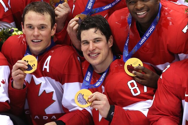 SOCHI, RUSSIA - FEBRUARY 23:  (l-R) Jonathan Toews, Sidney Crosby and P.K. Subban #76 of Canada pose with the gold medals won during the Men's Ice Hockey Gold Medal match against Sweden on Day 16 of the 2014 Sochi Winter Olympics at Bolshoy Ice Dome on February 23, 2014 in Sochi, Russia.  (Photo by Bruce Bennett/Getty Images)