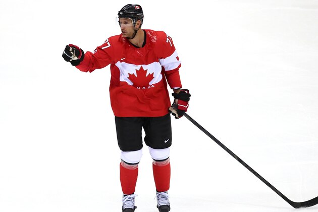 SOCHI, RUSSIA - FEBRUARY 23:  Jeff Carter #77 of Canada gestures during the Men's Ice Hockey Gold Medal match against Sweden on Day 16 of the 2014 Sochi Winter Olympics at Bolshoy Ice Dome on February 23, 2014 in Sochi, Russia.  (Photo by Streeter Lecka/Getty Images)
