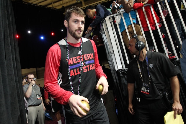 NEW ORLEANS, LA - FEBRUARY 15:  Kevin Love #42 of the Western Conference All-Stars participates in the NBA All-Star Practices at Sprint Arena as part of 2014 NBA All-Star Weekend at the Ernest N. Morial Convention Center on February 15, 2014 in New Orleans, Louisiana. NOTE TO USER: User expressly acknowledges and agrees that, by downloading and/or using this photograph, user is consenting to the terms and conditions of the Getty Images License Agreement.  Mandatory Copyright Notice: Copyright 2014 NBAE (Photo by Bruce Yeung/NBAE via Getty Images)