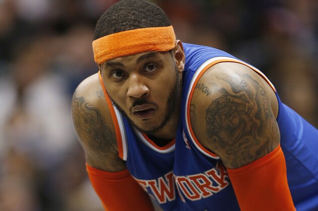 New York Knicks small forward Carmelo Anthony (7) is shown against the Atlanta Hawks in the second half of an NBA basketball game  Saturday, Feb. 22, 2014, in Atlanta. Atlanta won 107-98.  (AP Photo/John Bazemore)