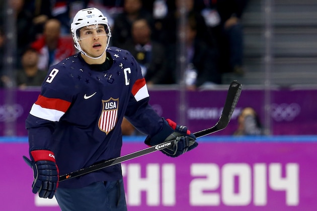 SOCHI, RUSSIA - FEBRUARY 22: Zach Parise #9 of the United States skates in the second period against Finland during the Men's Ice Hockey Bronze Medal Game on Day 15 of the 2014 Sochi Winter Olympics at Bolshoy Ice Dome on February 22, 2014 in Sochi, Russia.  (Photo by Streeter Lecka/Getty Images)