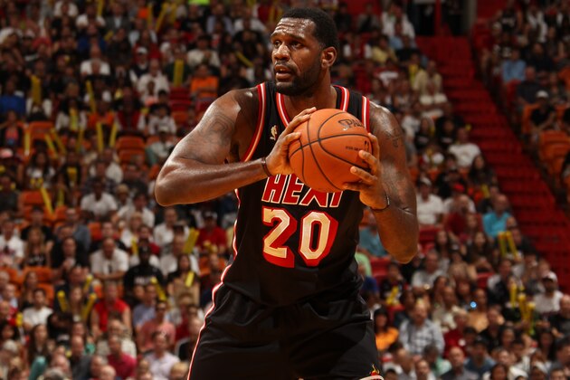 MIAMI, FL - February 23: Greg Oden #20 of the Miami Heat looks to pass the ball against the Chicago Bulls at the American Airlines Arena in Miami, Florida on Feb. 3, 2014. NOTE TO USER: User expressly acknowledges and agrees that, by downloading and/or using this photograph, user is consenting to the terms and conditions of the Getty Images License Agreement. Mandatory copyright notice: Copyright NBAE 2014 (Photo by Issac Baldizon/NBAE via Getty Images) MIAMI, FL - February 23: Greg Oden #20 of the Miami Heat looks to pass the ball against the Chicago Bulls at the American Airlines Arena in Miami, Florida on Feb. 3, 2014. NOTE TO USER: User expressly acknowledges and agrees that, by downloading and/or using this photograph, user is consenting to the terms and conditions of the Getty Images License Agreement. Mandatory copyright notice: Copyright NBAE 2014 (Photo by Issac Baldizon/NBAE via Getty Images)