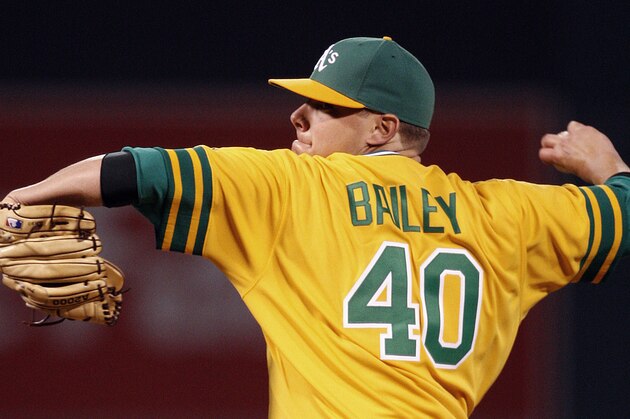 Oakland Athletics' Andrew Bailey works against the Pittsburgh Pirates during the ninth inning of a baseball game Saturday, June 26, 2010, in Oakland, Calif. (AP Photo/Ben Margot)