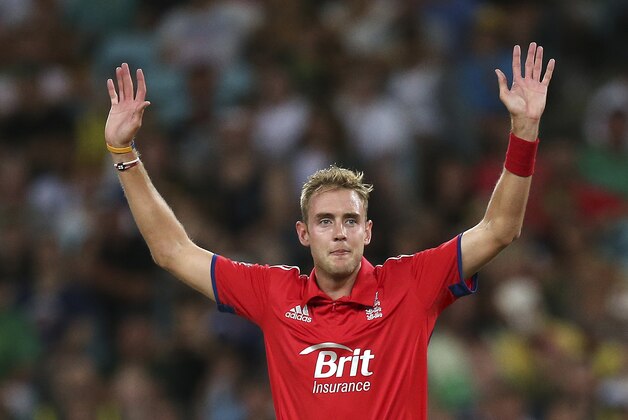 England's Stuart Broad holds up his arms during their T20 International cricket match against Australia in Sydney Sunday, Feb. 2, 2014.(AP Photo/Rob Griffith)