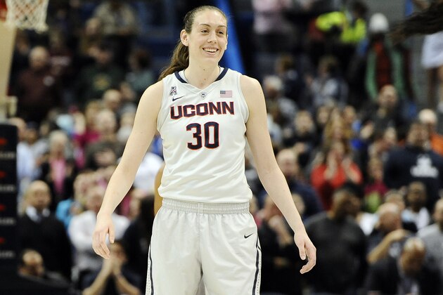 Connecticut's Breanna Stewart smiles during the first half of an NCAA college basketball game against Central Florida, Wednesday, Feb. 19, 2014, in Hartford, Conn. (AP Photo/Jessica Hill)