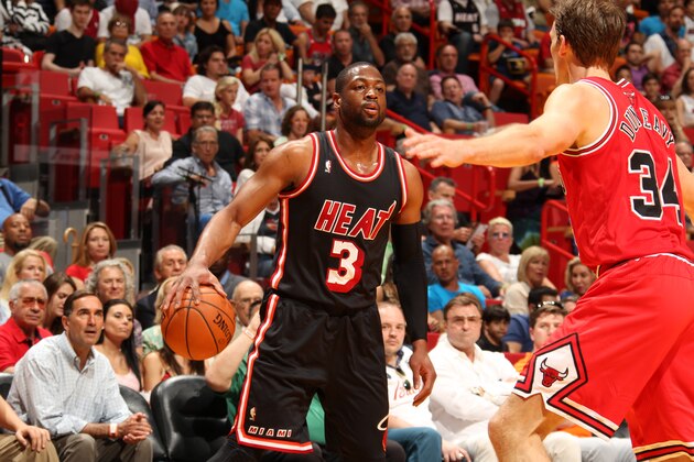 MIAMI, FL - February 23: Dwyane Wade #3 of the Miami Heat looks to pass the ball against the Chicago Bulls at the American Airlines Arena in Miami, Florida on Feb. 3, 2014. NOTE TO USER: User expressly acknowledges and agrees that, by downloading and/or using this photograph, user is consenting to the terms and conditions of the Getty Images License Agreement. Mandatory copyright notice: Copyright NBAE 2014 (Photo by Issac Baldizon/NBAE via Getty Images)