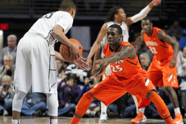 Feb 9, 2014; University Park, PA, USA; Illinois Fighting Illini guard Kendrick Nunn (25) guards Penn State Nittany Lions guard Tim Frazier (23) during the second half at Bryce Jordan Center. Illinois defeated Penn State 60-55. Mandatory Credit: Matthew O'Haren-USA TODAY Sports Feb 9, 2014; University Park, PA, USA; Illinois Fighting Illini guard Kendrick Nunn (25) guards Penn State Nittany Lions guard Tim Frazier (23) during the second half at Bryce Jordan Center. Illinois defeated Penn State 60-55. Mandatory Credit: Matthew O'Haren-USA TODAY Sports