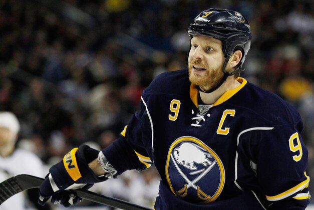 Feb 5, 2014; Buffalo, NY, USA; Buffalo Sabres center Steve Ott (9) during the game against the Pittsburgh Penguins at First Niagara Center. Mandatory Credit: Kevin Hoffman-USA TODAY Sports