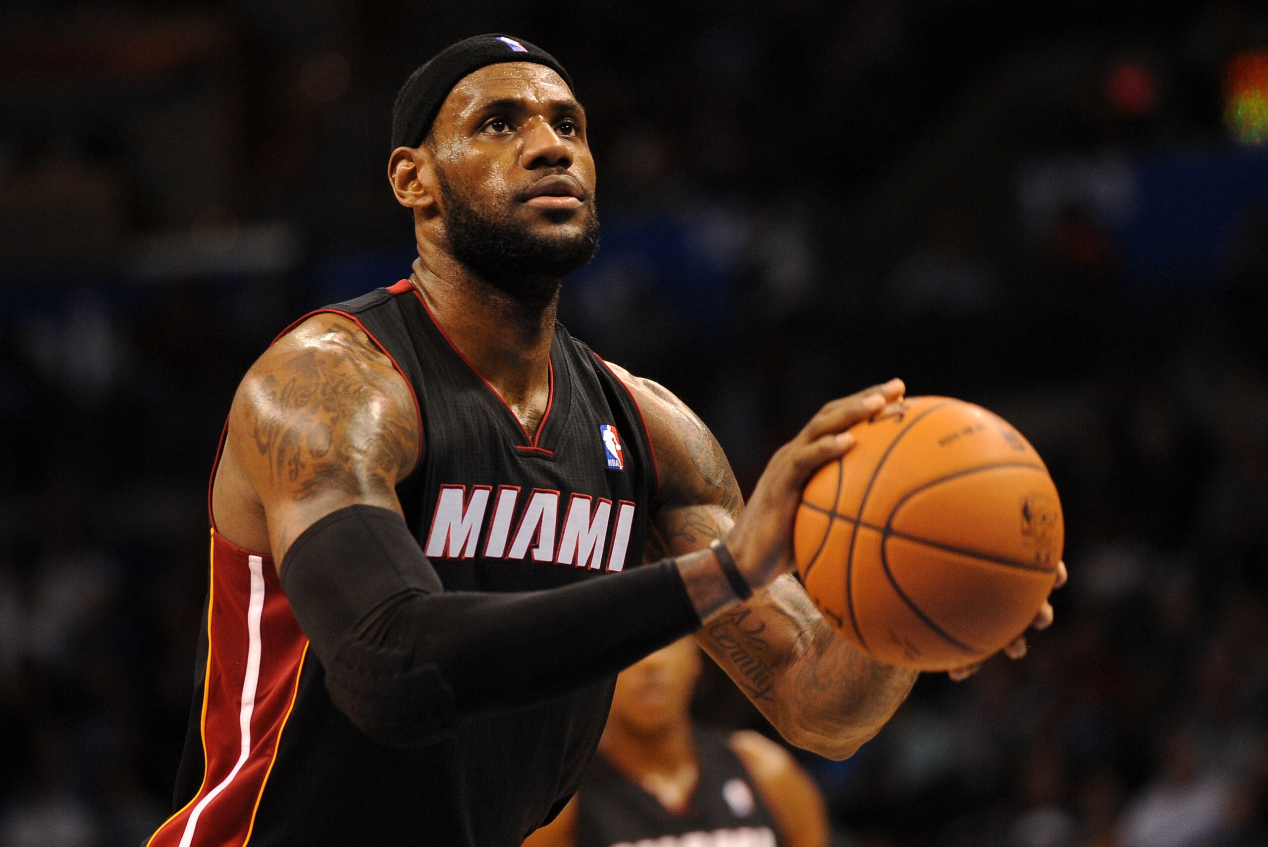 Feb 20, 2014; Oklahoma City, OK, USA; Miami Heat small forward LeBron James (6) attempts a free throw shot against the Oklahoma City Thunder during the second quarter at Chesapeake Energy Arena. Mandatory Credit: Mark D. Smith-USA TODAY Sports