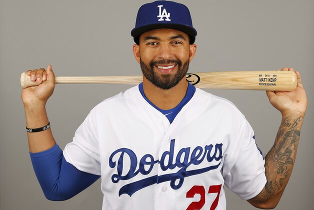 Los Angeles Dodgers center fielder Matt Kemp poses for a photograph on photo day Feb. 20, 2014 in Glendale, Ariz. (AP Photo/Paul Sancya)