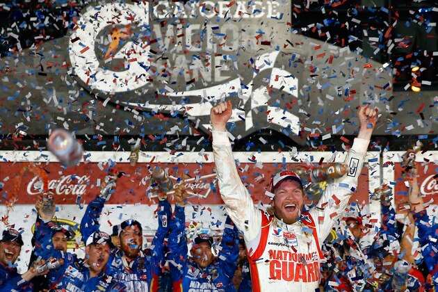 DAYTONA BEACH, FL - FEBRUARY 23:  Dale Earnhardt Jr., driver of the #88 National Guard Chevrolet, celebrates in Victory Lane after winning the NASCAR Sprint Cup Series Daytona 500 at Daytona International Speedway on February 23, 2014 in Daytona Beach, Florida.  (Photo by Tom Pennington/Getty Images)