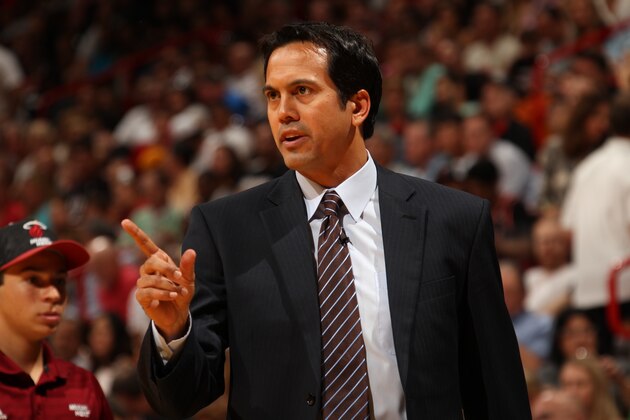 MIAMI, FL - February 23: Head Coach Erik Spoelstra of the Miami Heat looks on against the Chicago Bulls at the American Airlines Arena in Miami, Florida on Feb. 3, 2014. NOTE TO USER: User expressly acknowledges and agrees that, by downloading and/or using this photograph, user is consenting to the terms and conditions of the Getty Images License Agreement. Mandatory copyright notice: Copyright NBAE 2014 (Photo by Issac Baldizon/NBAE via Getty Images)