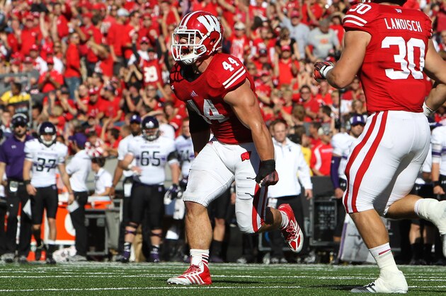 MADISON, WI - OCTOBER 12: Chris Borland #44 of the Wisconsin Badgers celebrates after making a tackle during the first half of play against the Northwestern Wildcats at Camp Randall Stadium on October 12, 2013 in Madison, Wisconsin. (Photo by Mike McGinnis/Getty Images)