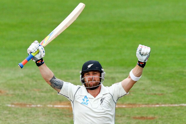 WELLINGTON, NEW ZEALAND - FEBRUARY 18:  Brendon McCullum of New Zealand celebrates after reaching 300 runs for New Zealand's first ever triple century and the highest ever score by a New Zealand cricketer during day five of the 2nd Test match between New Zealand and India on February 18, 2014 in Wellington, New Zealand.  (Photo by Hagen Hopkins/Getty Images)