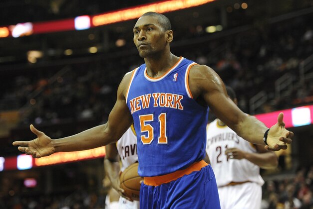 Dec 10, 2013; Cleveland, OH, USA; New York Knicks small forward Metta World Peace reacts in the first quarter against the Cleveland Cavaliers at Quicken Loans Arena. Mandatory Credit: David Richard-USA TODAY Sports