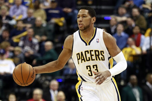 Indiana Pacers forward Danny Granger dribbles the basketball in the second half of an NBA basketball game against the Atlanta Hawks in Indianapolis, Tuesday, Feb. 18, 2014. (AP Photo/R Brent Smith)