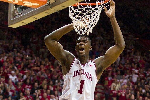 Indiana's Noah Vonleh (1) celebrates after a slam dunk in the second half of an NCAA college basketball game, Wednesday, Feb. 12, 2014, in Bloomington, Ind. Penn State won 66-65. (AP Photo/Doug McSchooler)
