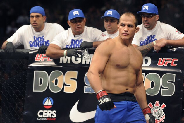 Junior dos Santos of Brazil, eyes his opponent before his UFC 155 heavyweight championship mixed martial arts match against Cain Velasquez of San Jose, Calif. at the MGM Grand Garden Arena Saturday, Dec, 29, 2012 in Las  Vegas. Velasquez reclaimed the title with a unanimous decision. (AP Photo/David Becker)