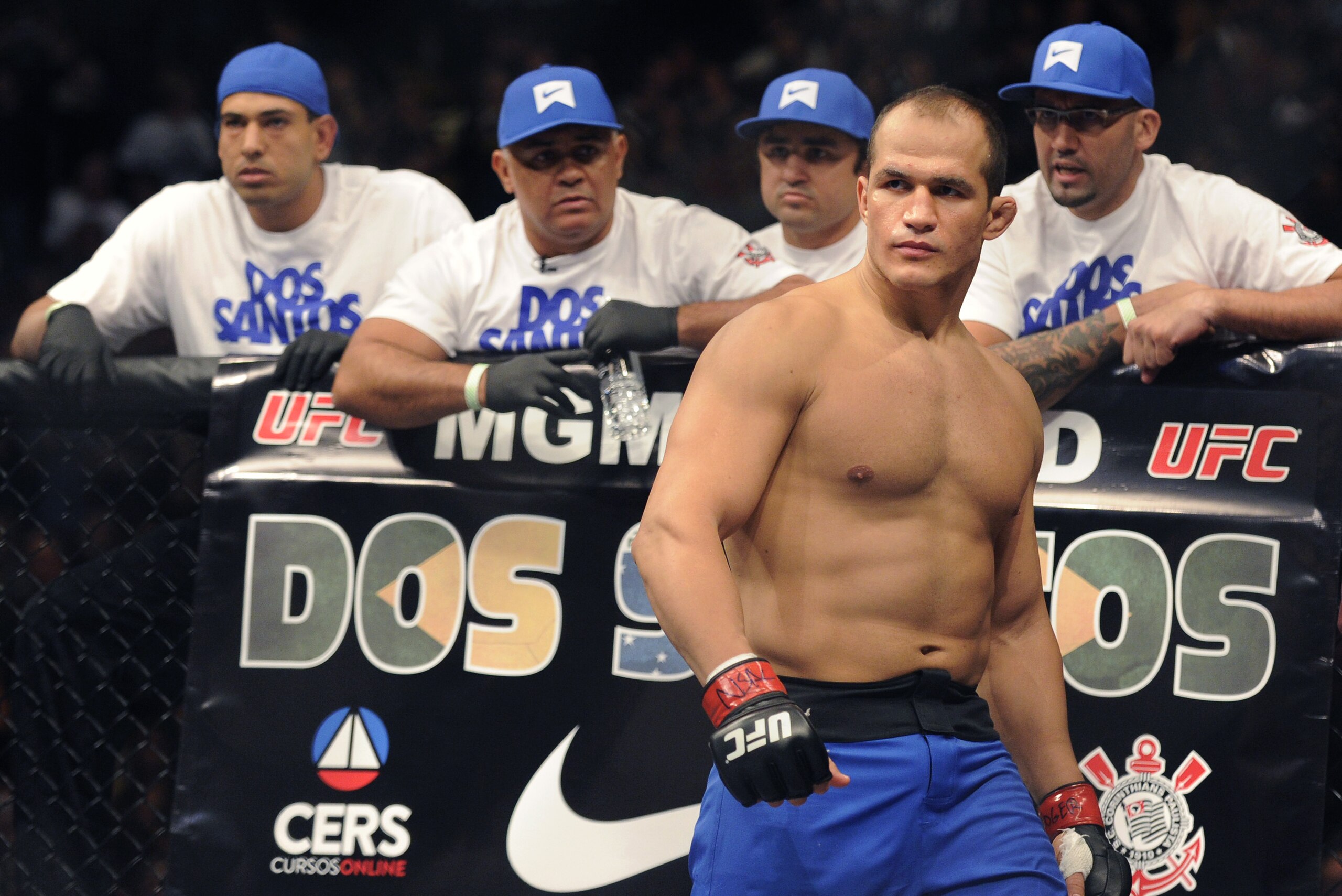 Junior dos Santos of Brazil, eyes his opponent before his UFC 155 heavyweight championship mixed martial arts match against Cain Velasquez of San Jose, Calif. at the MGM Grand Garden Arena Saturday, Dec, 29, 2012 in Las  Vegas. Velasquez reclaimed the title with a unanimous decision. (AP Photo/David Becker)