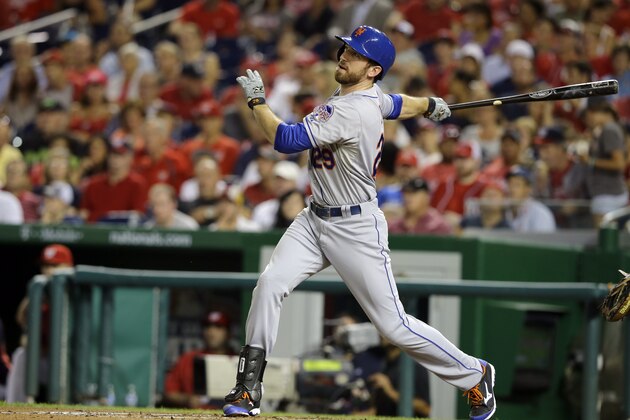 New York Mets first baseman Ike Davis (29) watches his hit for a two run homer during the fourth inning of a baseball game against the Washington Nationals at Nationals Park Friday, Aug. 30, 2013, in Washington. (AP Photo/Alex Brandon)