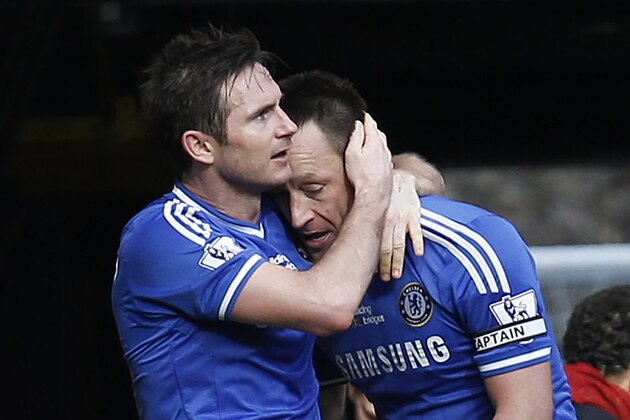 Chelsea's Frank Lampard, left, embraces his captain John Terry, after scoring against Everton during an English Premier League soccer match at the Stamford Bridge ground in London, Saturday, Feb. 22, 2014. Chelsea won the match 1-0. (AP Photo/Lefteris Pitarakis) Chelsea's Frank Lampard, left, embraces his captain John Terry, after scoring against Everton during an English Premier League soccer match at the Stamford Bridge ground in London, Saturday, Feb. 22, 2014. Chelsea won the match 1-0. (AP Photo/Lefteris Pitarakis)