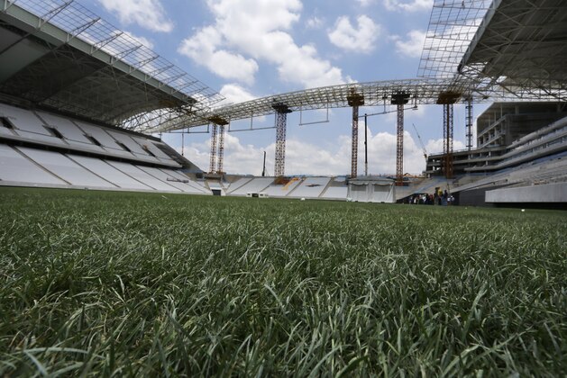 In this Dec. 8, 2013 photo, a mixture of artificial fibres and natural grass grows on the pitch of the Arena de Sao Paulo,  in Sao Paulo, Brazil. At Arsenal's Highbury Stadium, Edu played on one of football's finest pitches. Award-winning Arsenal groundsman Paul Burgess became so well-known for his green fingers that he was eventually lured away by Real Madrid. So when Edu returned home to Brazil in 2009 to finish his career, the worn and sorry state of some Brazilian football fields was an eye-opener. Even now, as the World Cup host rushes to ready itself, Edu says pitches in Brazil aren't on a par with those in Europe, where he played for eight years, at Arsenal and Valencia. (AP Photo/Ferdinand Ostrop)