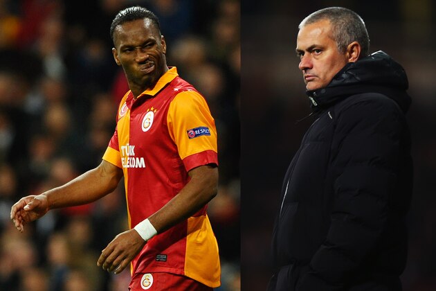 FILE PHOTO - EDITORS NOTE: COMPOSITE OF TWO IMAGES - Image Numbers 165369819 (L) and 451677087) In this composite image a comparison has been made between Didier Drogba of Galatasaray and former Chelsea player (L) and Chelsea Manager Jose Mourinho. Galatasaray and Chelsea meet in the UEFA Champions League Round of 16 with the first leg on Febuary 26, 2014 and the 2nd leg on March 18, 2014.  ***LEFT IMAGE*** MADRID, SPAIN - APRIL 03: Didier Drogba of Galatasaray looks on during the UEFA Champions League Quarter Final first leg match between Real Madrid and Galatasaray at Estadio Santiago Bernabeu on April 3, 2013 in Madrid, Spain. (Photo by Manuel Queimadelos Alonso/Getty Images) ***RIGHT IMAGE*** LONDON, ENGLAND - NOVEMBER 23: Chelsea Manager Jose Mourinho looks on during the Barclays Premier League match between West Ham United and Chelsea at Boleyn Ground on November 23, 2013 in London, England. (Photo by Bryn Lennon/Getty Images)