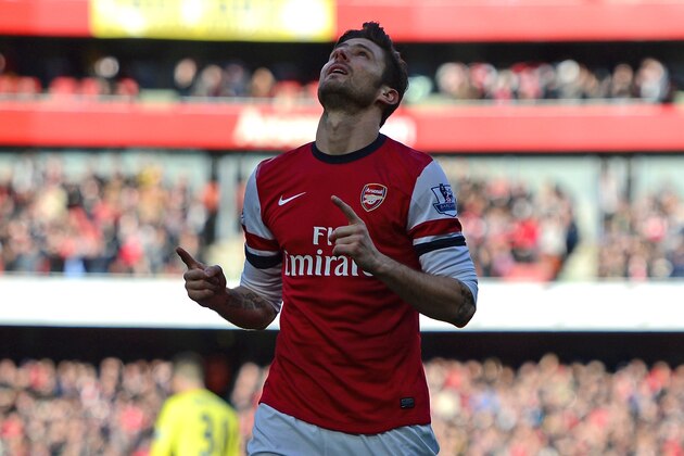 LONDON, ENGLAND - FEBRUARY 22:  Olivier Giroud of Arsenal celebrates after scoring a goal during the Barclays Premier League match between Arsenal and Sunderland at Emirates Stadium on February 22, 2014 in London, England.  (Photo by Jamie McDonald/Getty Images)