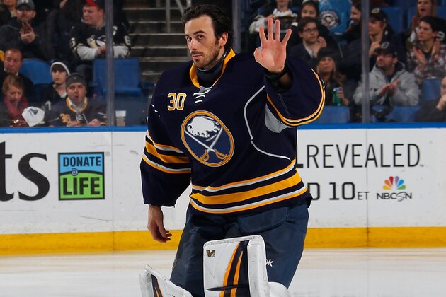 BUFFALO, NY - FEBRUARY 05:  Ryan Miller #30 of the Buffalo Sabres waves to fans as he receives his USA Olympic jersey before a game against the Pittsburgh Penguins on February 5, 2014 at the First Niagara Center in Buffalo, New York.  (Photo by Bill Wippert/NHLI via Getty Images)