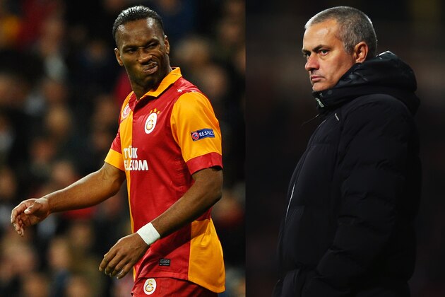 FILE PHOTO - EDITORS NOTE: COMPOSITE OF TWO IMAGES - Image Numbers 165369819 (L) and 451677087) In this composite image a comparison has been made between Didier Drogba of Galatasaray and former Chelsea player (L) and Chelsea Manager Jose Mourinho. Galatasaray and Chelsea meet in the UEFA Champions League Round of 16 with the first leg on Febuary 26, 2014 and the 2nd leg on March 18, 2014.  ***LEFT IMAGE*** MADRID, SPAIN - APRIL 03: Didier Drogba of Galatasaray looks on during the UEFA Champions League Quarter Final first leg match between Real Madrid and Galatasaray at Estadio Santiago Bernabeu on April 3, 2013 in Madrid, Spain. (Photo by Manuel Queimadelos Alonso/Getty Images) ***RIGHT IMAGE*** LONDON, ENGLAND - NOVEMBER 23: Chelsea Manager Jose Mourinho looks on during the Barclays Premier League match between West Ham United and Chelsea at Boleyn Ground on November 23, 2013 in London, England. (Photo by Bryn Lennon/Getty Images)